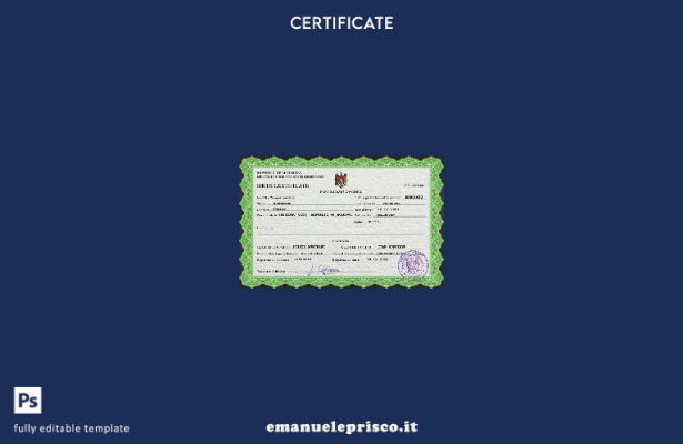 modello PSD del certificato di nascita dello stato civile della Moldavia in stil